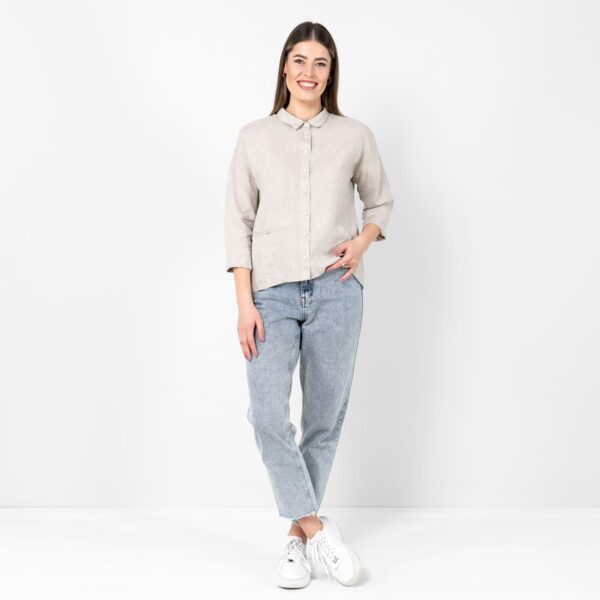 Beige linen shirt blouse, straight silhouette