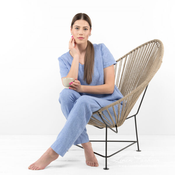 linen blue blouse short sleeves on the chair.