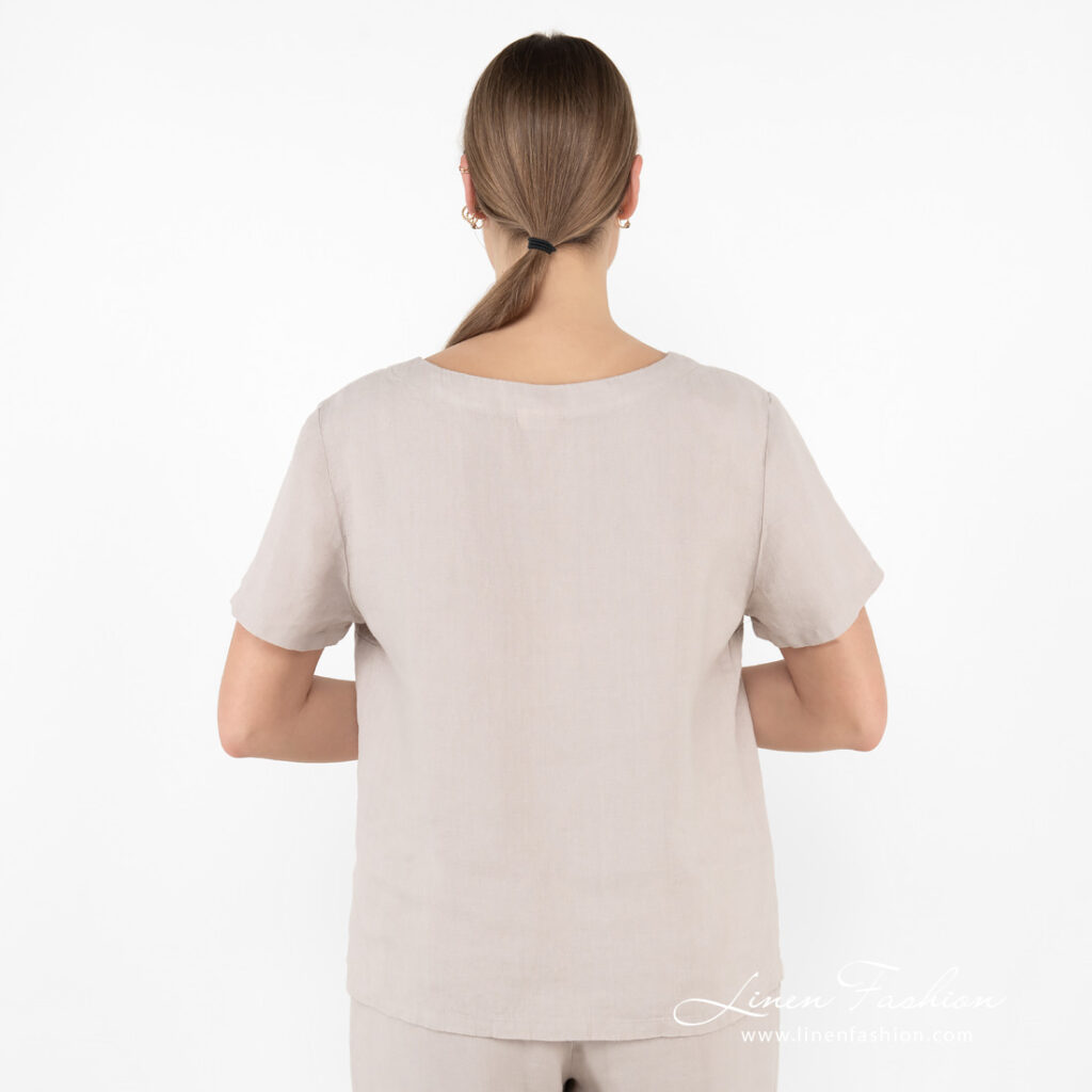 LILLY Blouse beige 4 linen beige blouse home wear from backside.