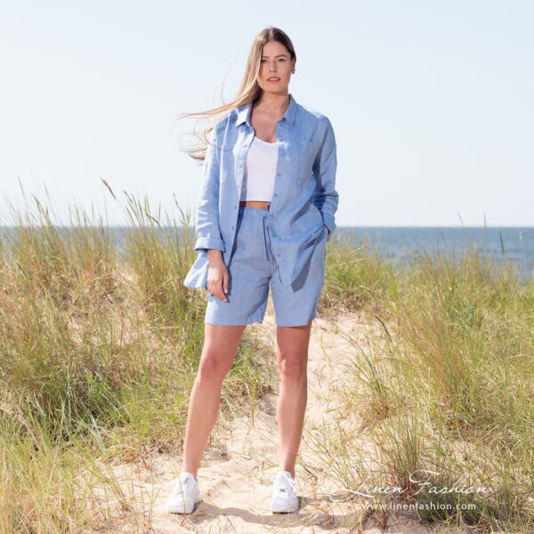 Linen blue blouse in set with shorts.