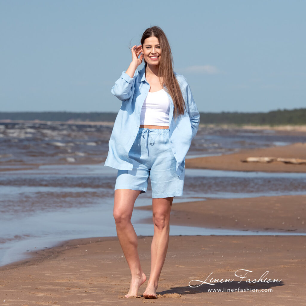 DOLFI Chemise bleu ciel 3 blue linen shirts with shorts.