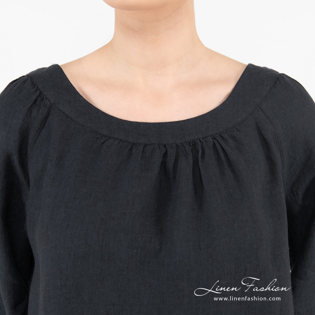 FREDA Blouse noir bleu 4 navy linen blouse with rounded neck.