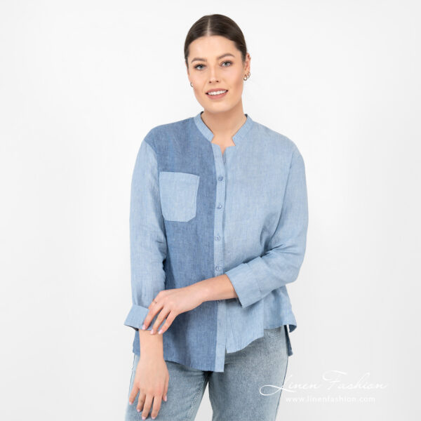 linen blue blouse, washed two contrast colors in front.