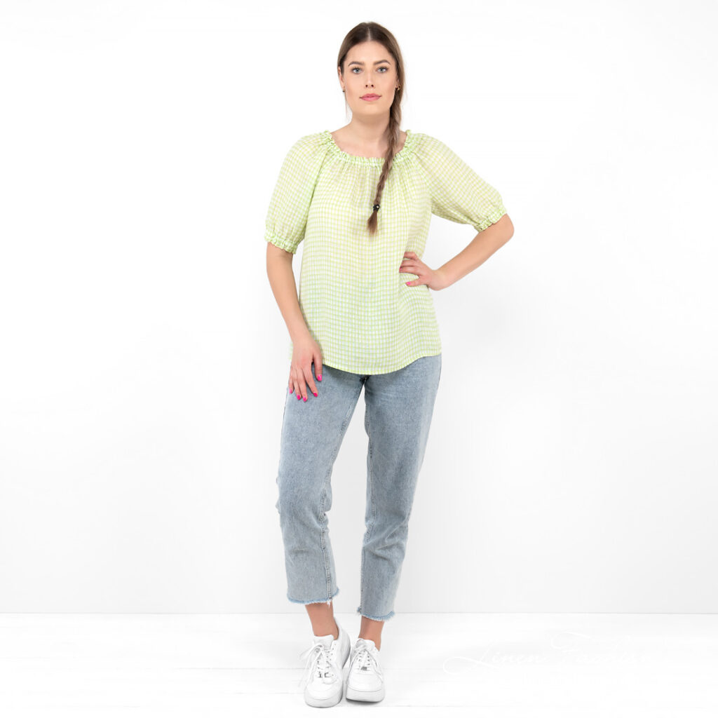 MELISA Blouse vert clair 2 linen checked blouse, full view.