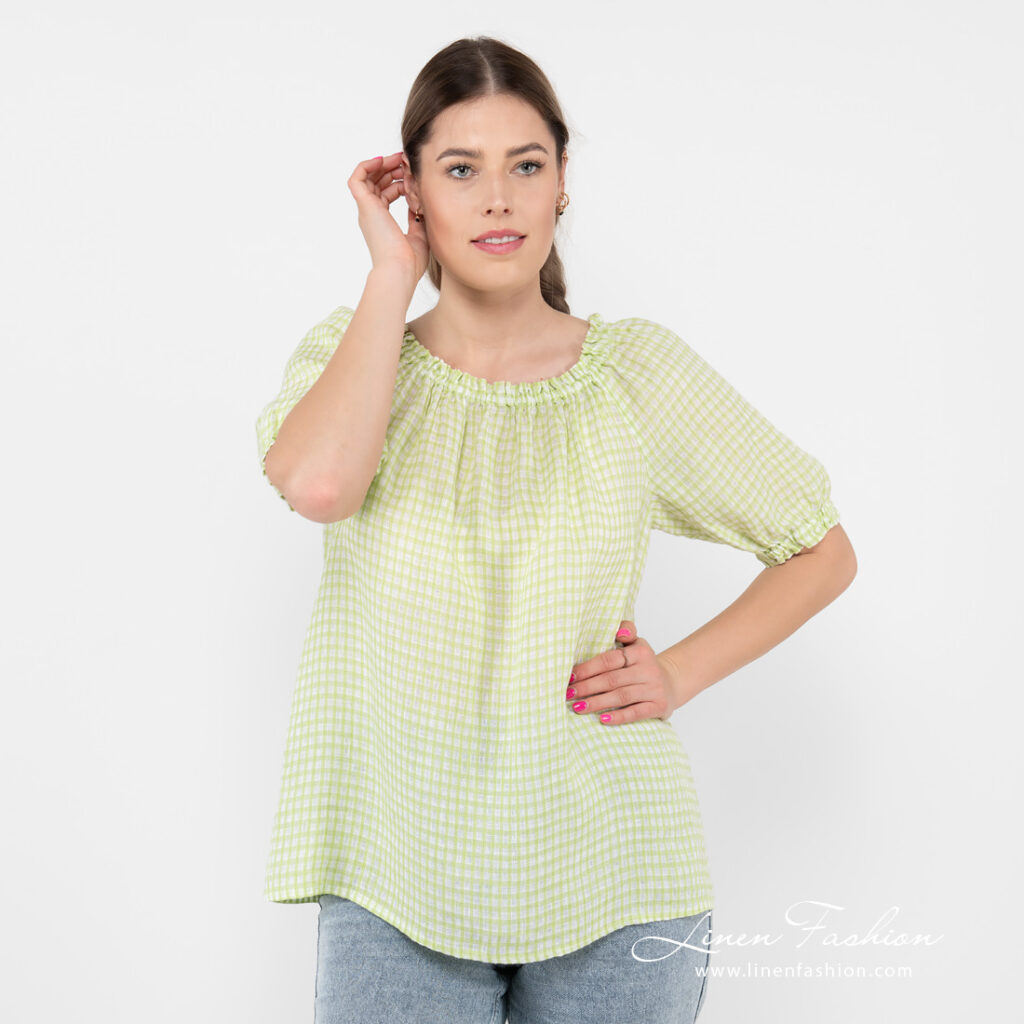 MELISA Blouse vert clair 4 linen checked blouse, rounded neck.