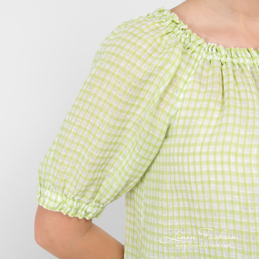 MELISA Blouse vert clair 5 linen checked blouse, short sleeves.