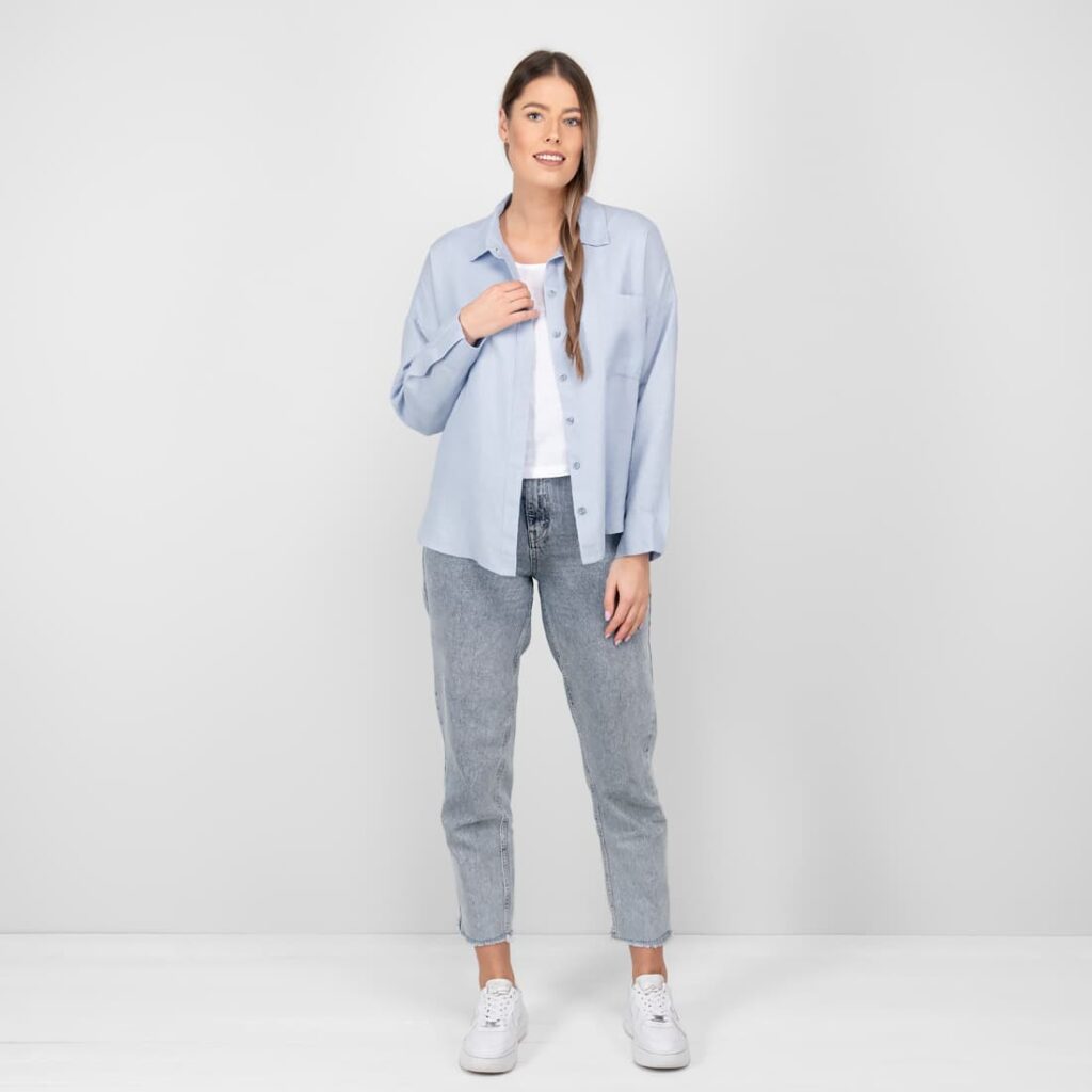 ODILE Chemise bleu clair 2 light blue linen shirt blouse with pants