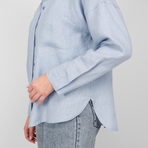 light blue linen shirt blouse; rounded bottom
