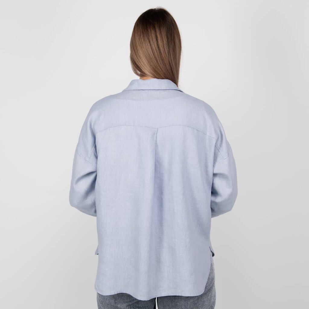 ODILE Chemise bleu clair 6 light blue linen shirt blouse; from backside