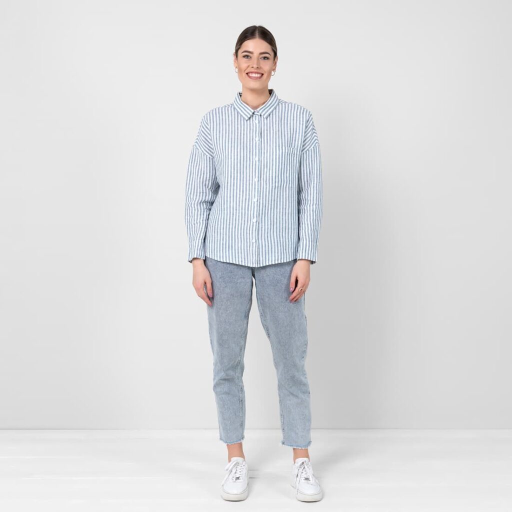 ODILE Chemise rayée bleu et blanc 2 Striped blue linen shirt, 100% linen