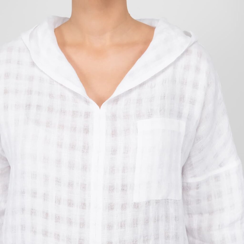 MYRIAM Blouse blanc 5 white linen blouse with hoodie open weave & pocket