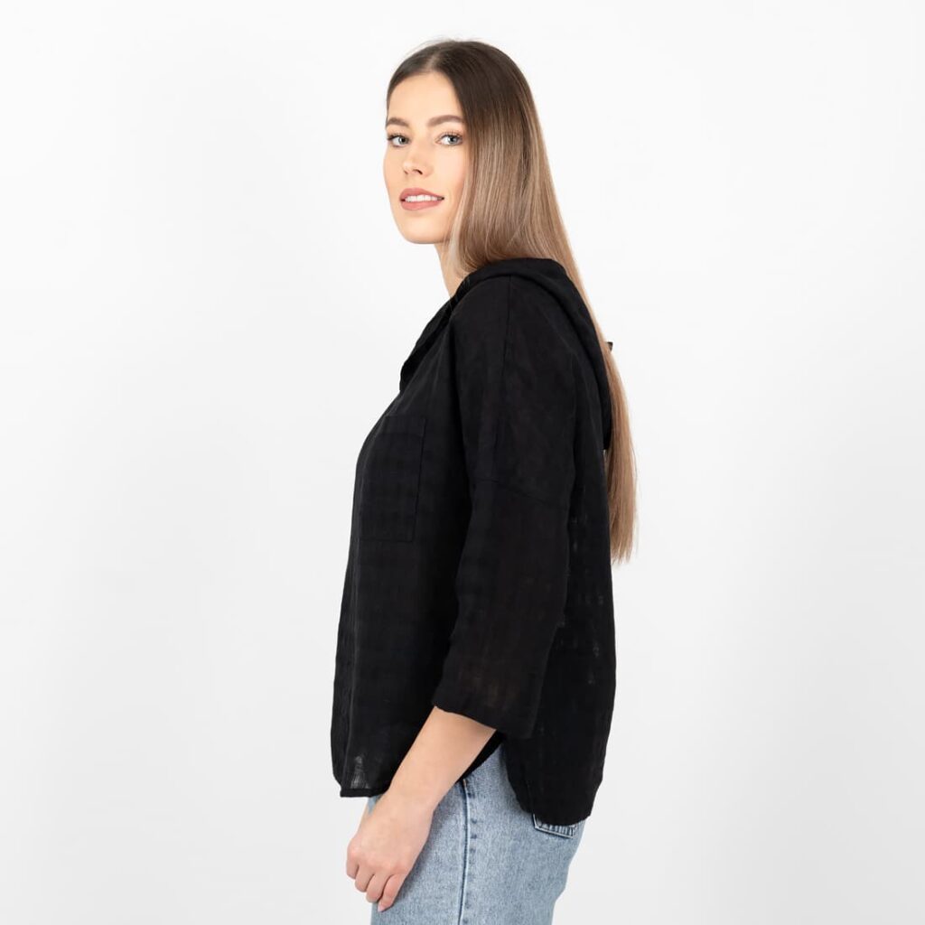 MYRIAM Blouse noir 3 black linen blouse with hoodie, 3/4 sleeves