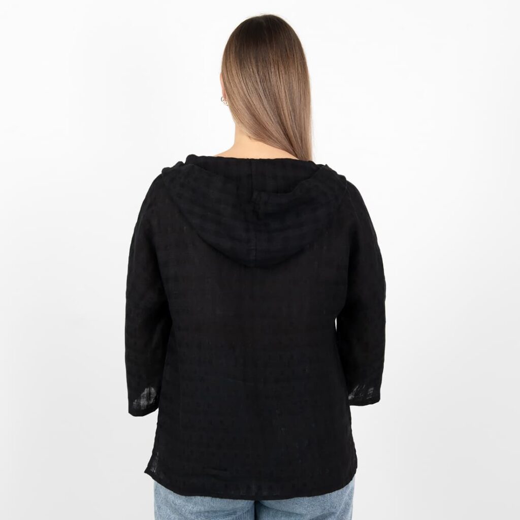 MYRIAM Blouse noir 5 black linen blouse with hoodie, from backside