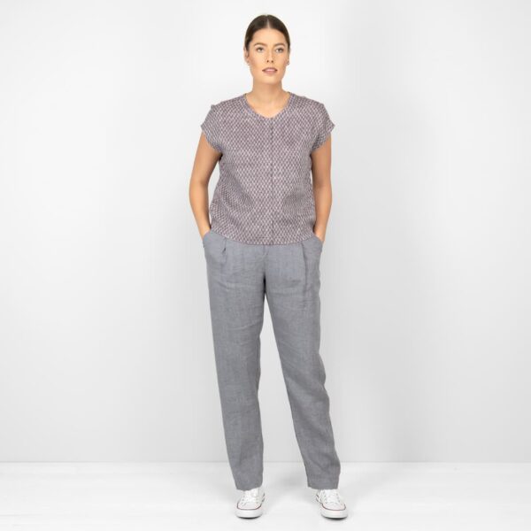 linen violet blouse in checks