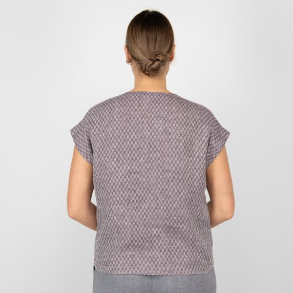 linen violet blouse in checks from backside