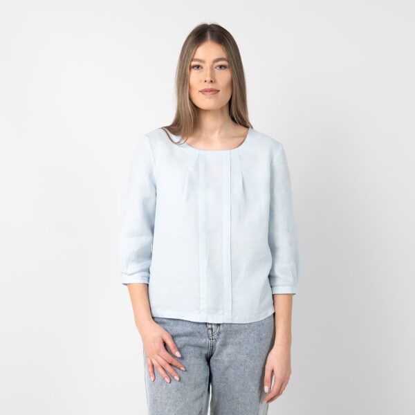 Light blue linen blouse, pleated front