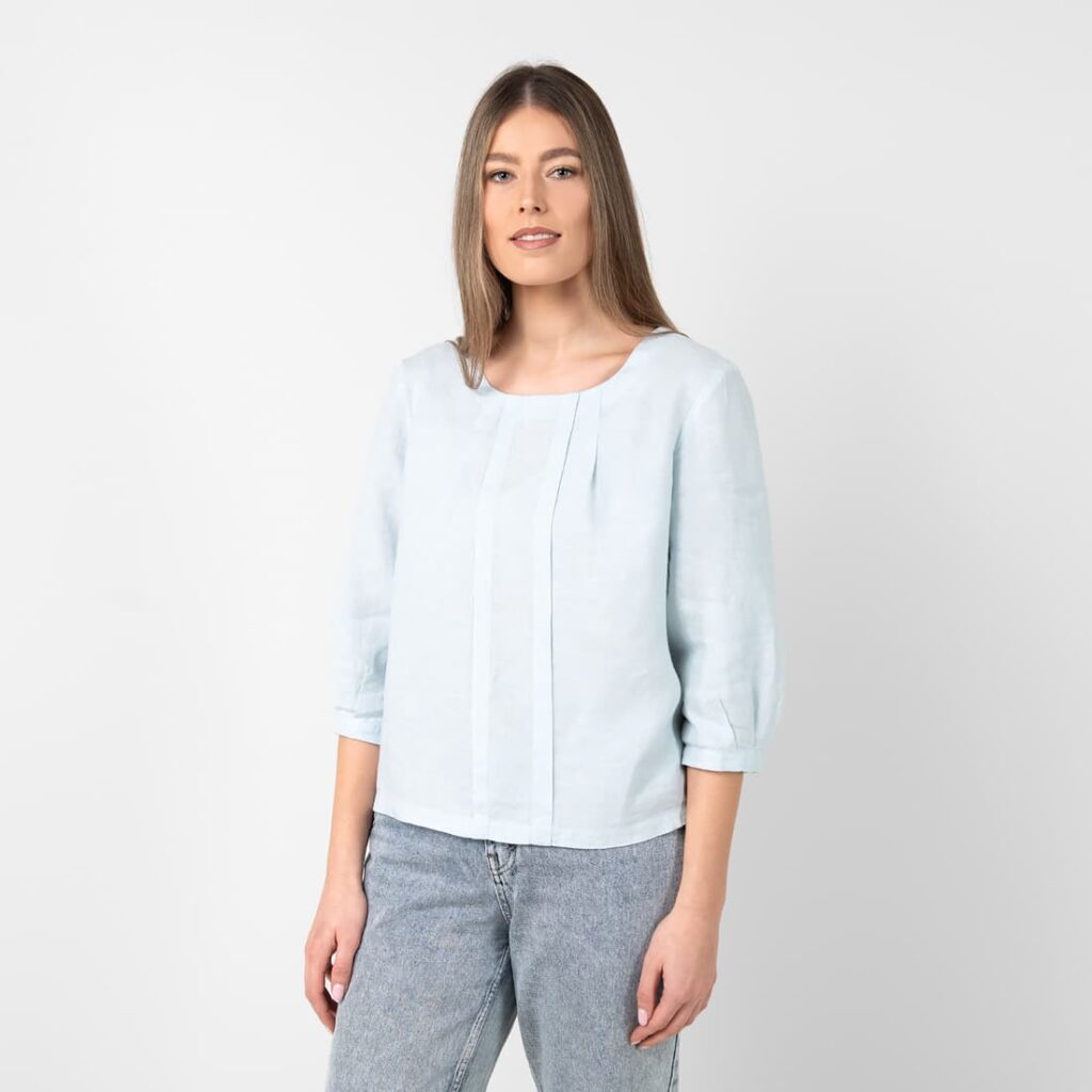WANDA Blouse bleu clair 3 Light blue linen blouse, 3/4 sleeves