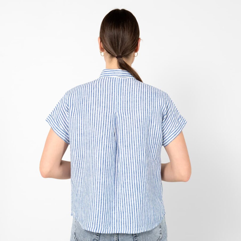 ORSI Chemise rayé bleu 5 Striped blue white linen shirt, short sleeves