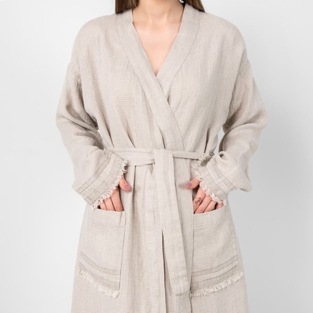 MALTA Peignoir lin naturel 3 Natural linen bathrobe, waffle fabric