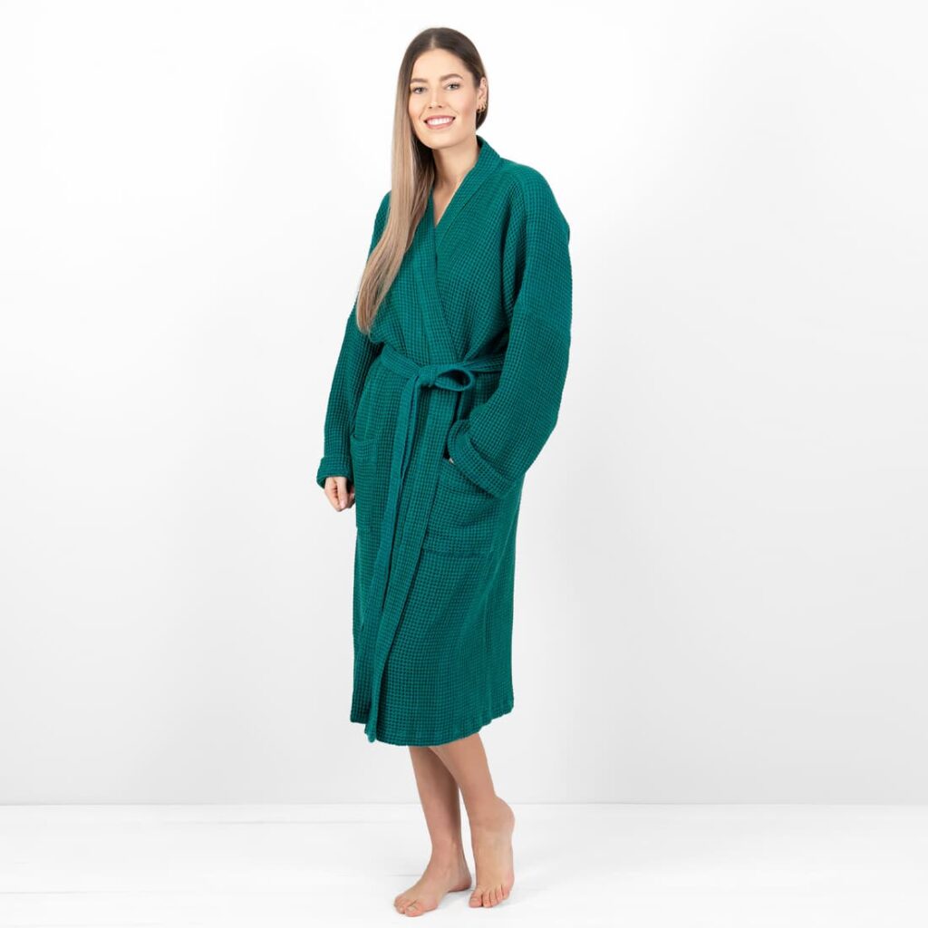 BINGO Peignoir vert émeraude 2 linen cotton emerald bathrobe, washed waffle.