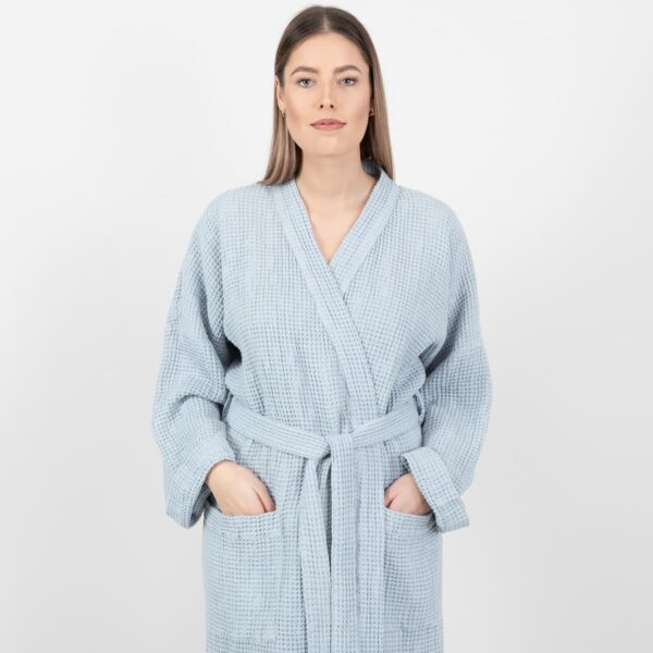 linen cotton blue grey bathrobe with pockets.