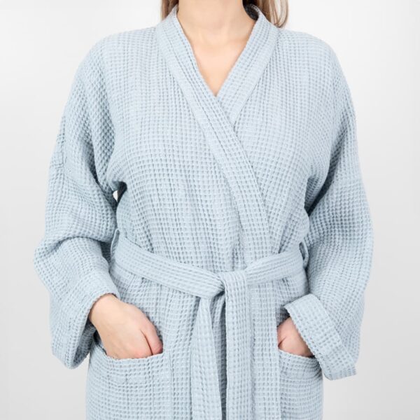 linen cotton blue grey bathrobe with simple collar, belt.