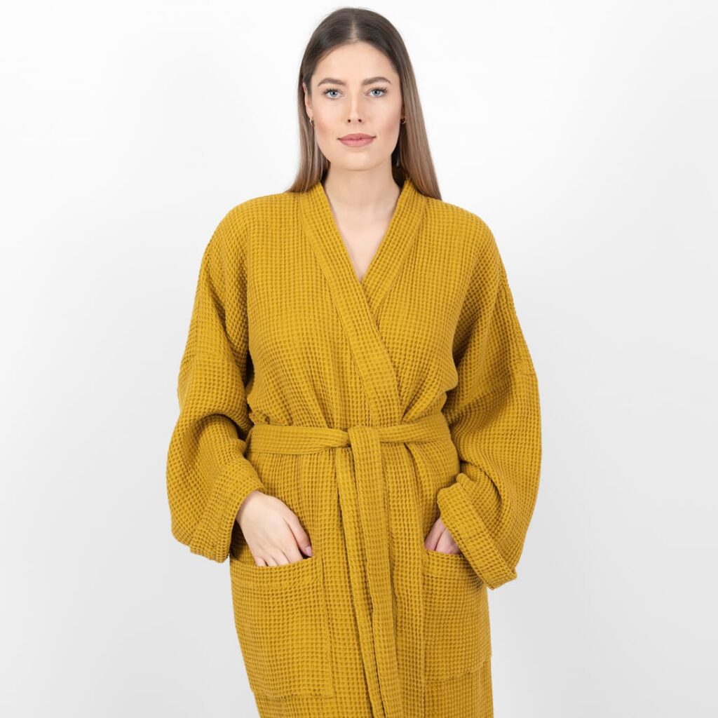 BINGO Peignoir moutarde 3 linen cotton mustard bathrobe washed.