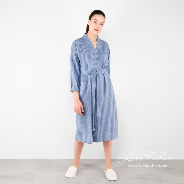 Linen womens bathrobe in blue color.