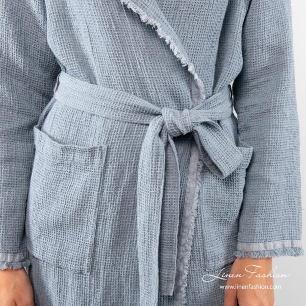 Blue womens bathrobe in linen-cotton.