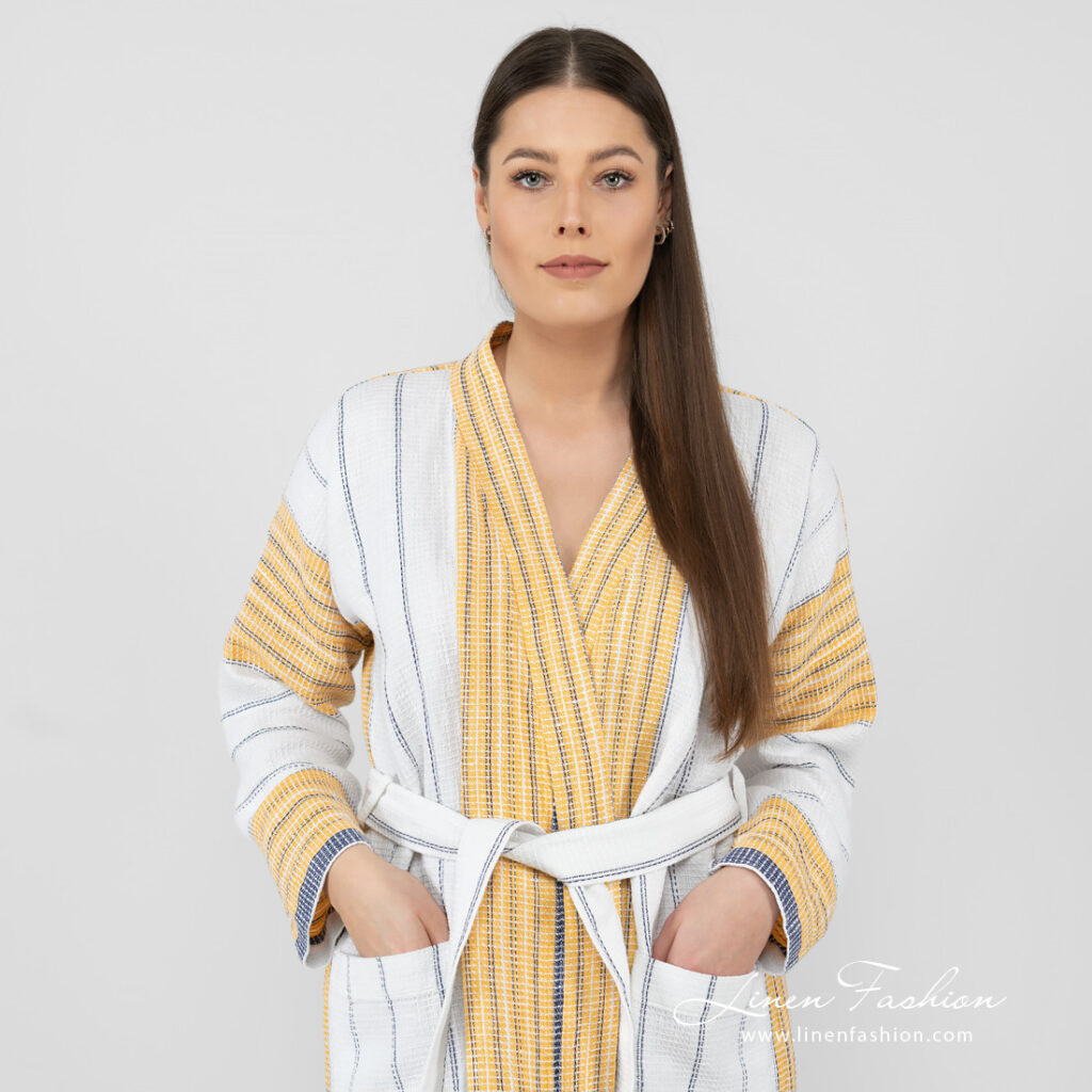 KORA Peignoir rayé blanc 3 striped bathrobe linen cotton, with pockets.