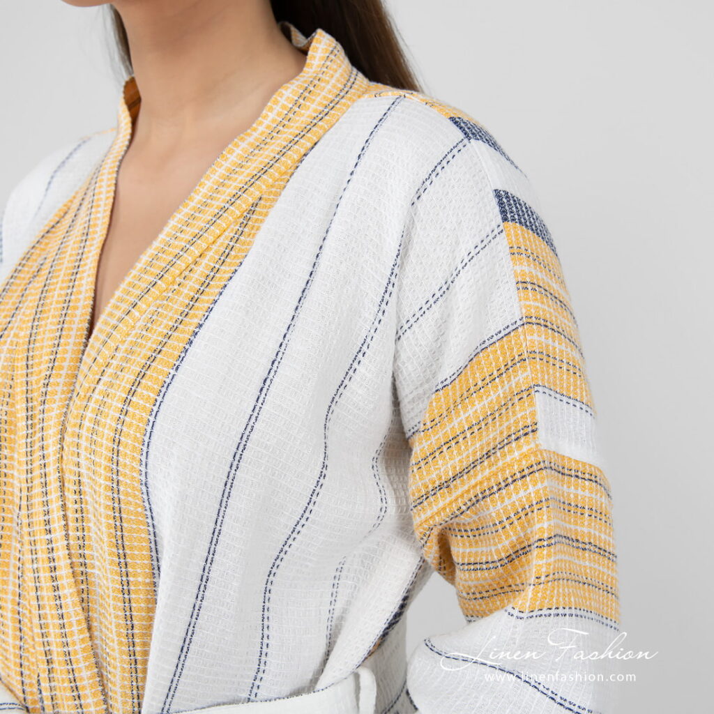 KORA Peignoir rayé blanc 4 striped bathrobe linen cotton, yellow blue stripes.