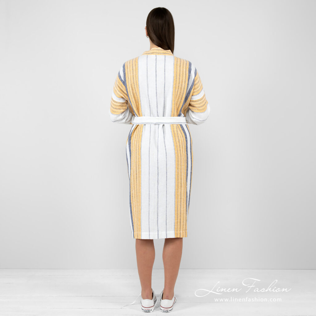 KORA Peignoir rayé blanc 6 striped bathrobe linen cotton from backside.