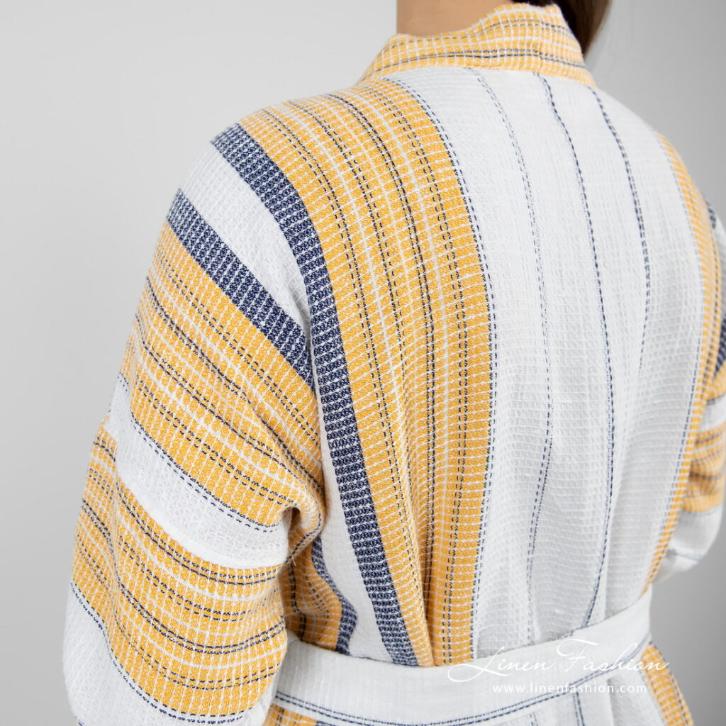 KORA Peignoir rayé blanc 5 striped bathrobe linen cotton waffle design.