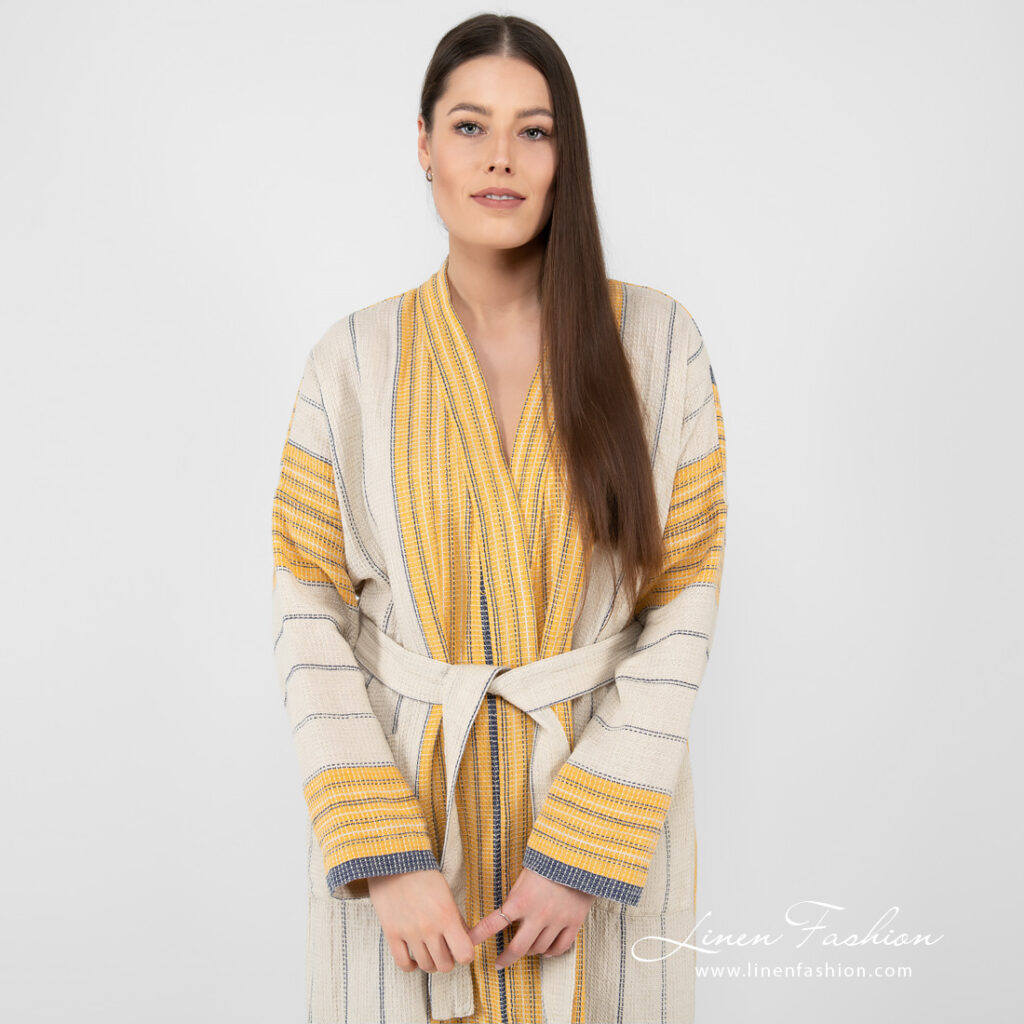 KORA Peignoir rayé beige 2 linen cotton beige striped bathrobe, washed.