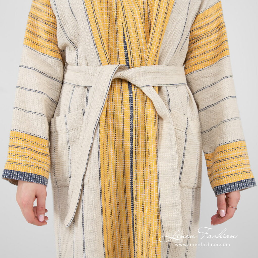 KORA Peignoir rayé beige 6 linen cotton beige striped bathrobe pockets.