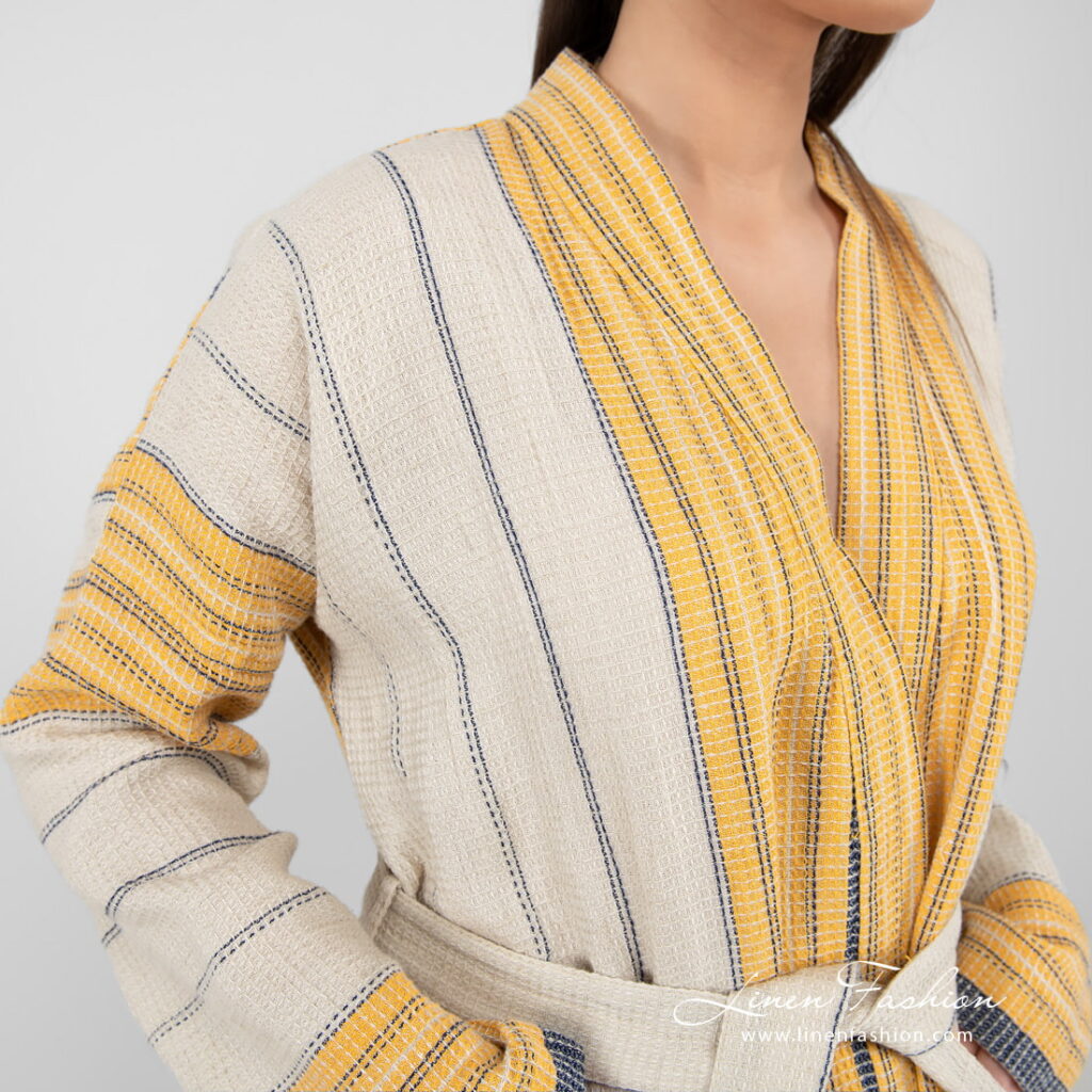 KORA Peignoir rayé beige 4 linen cotton beige striped bathrobe yellow blue.