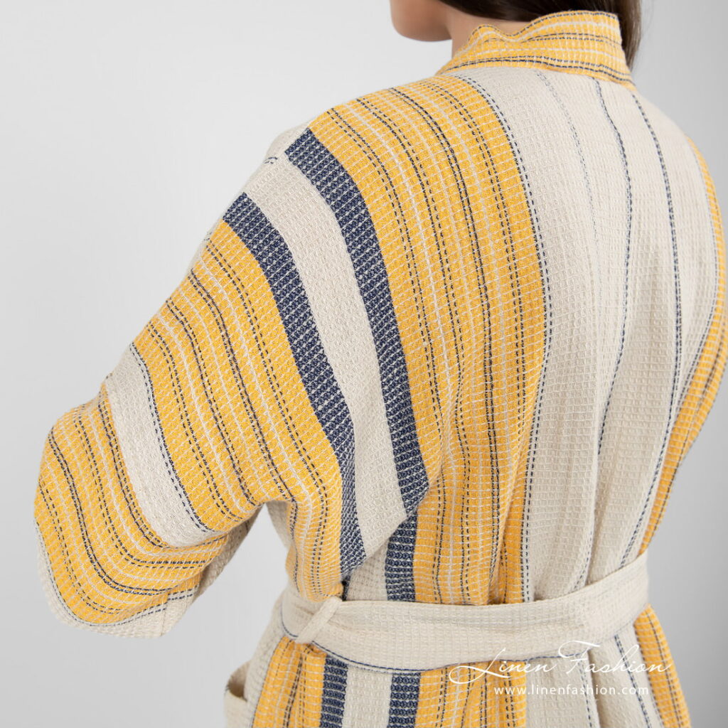 KORA Peignoir rayé beige 5 linen cotton beige striped bathrobe, waffle design.