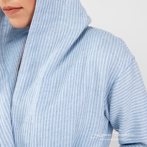 AIRA blue linen cotton bathrobe with hoodie and narrow stripe pattern
