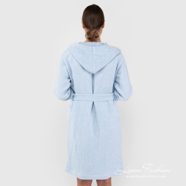 AIRA blue linen cotton bathrobe with hoodie from back side