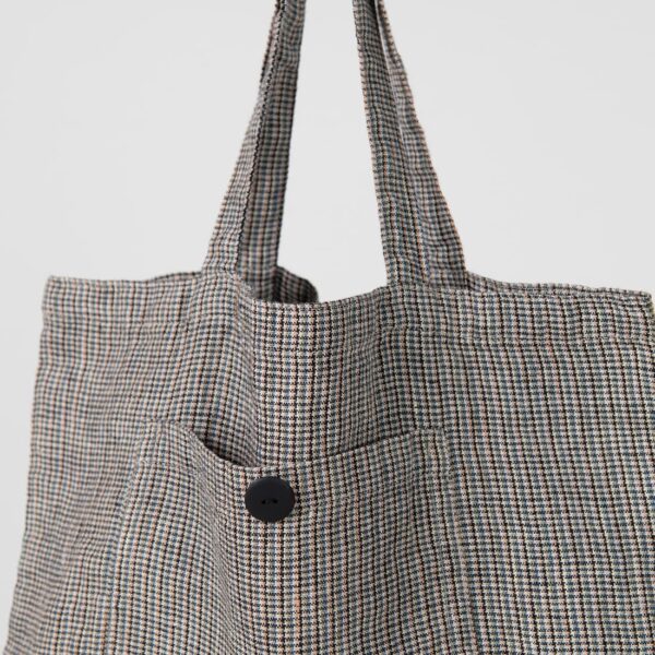 Multicolour checked linen tote bag with button