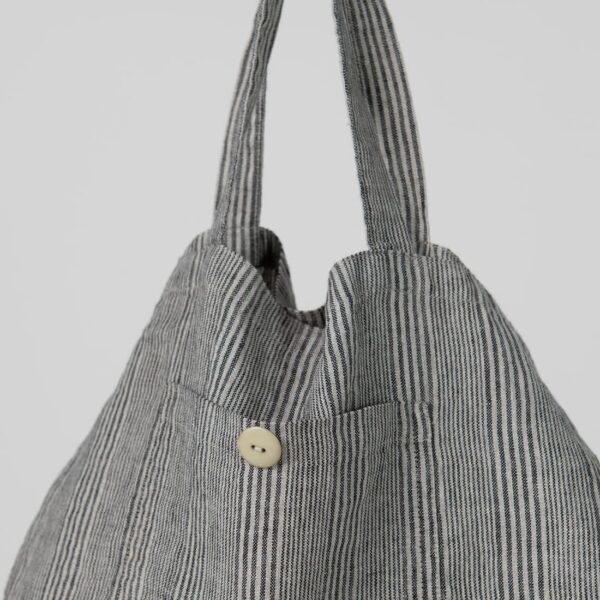 Grey striped linen tote bag with button