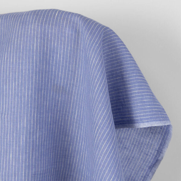 Tissu de lin pervenche avec rayures crème – Image 2