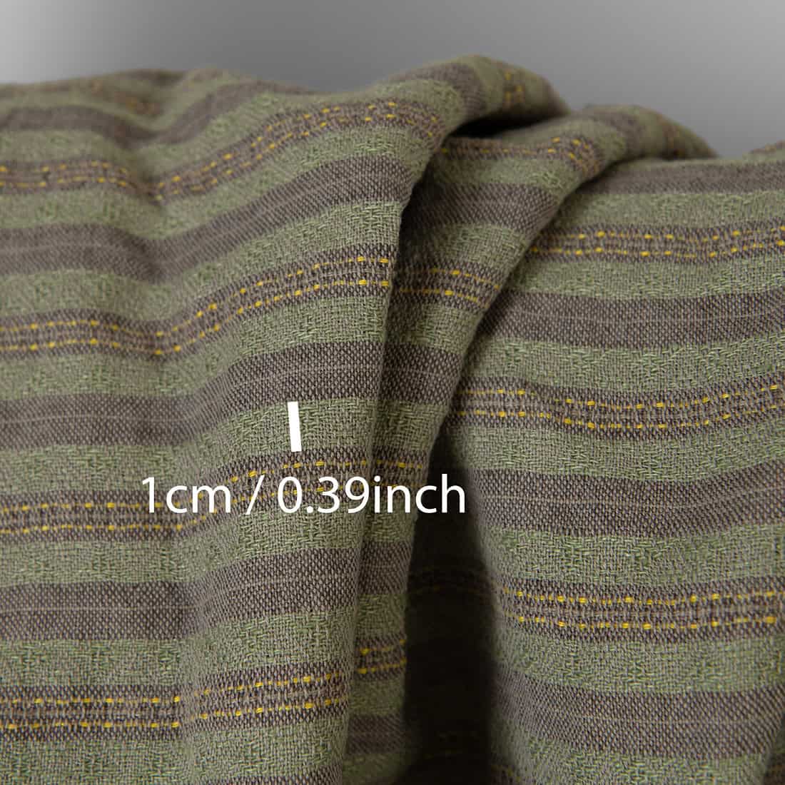Tissu en lin et coton marron vert à rayures lavées 3 Washed linen cotton fabric brown green patterned stripes, with measurements
