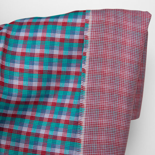 Tissu de lin à carreaux double face rouge vert bleu