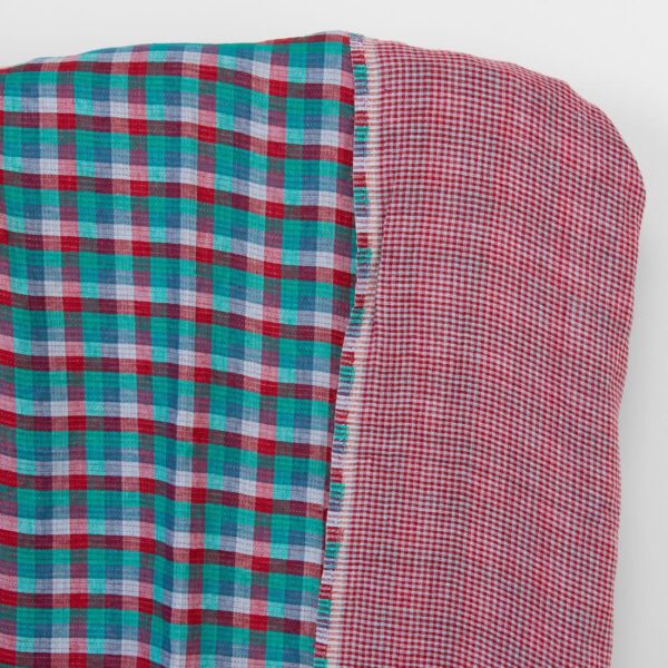 Tissu de lin à carreaux double face rouge vert bleu, lavé