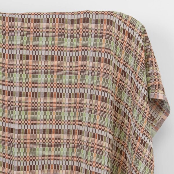 Tissu de lin coton multicolore à carreaux marron vert, lavé