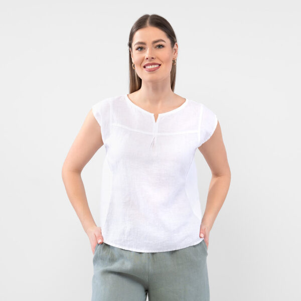 Linen optical white blouse, short sleeves
