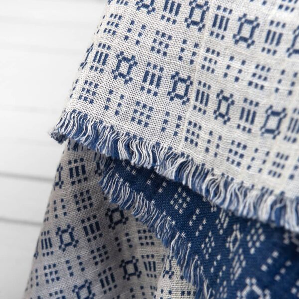 Blue white linen cotton blanket, with pattern