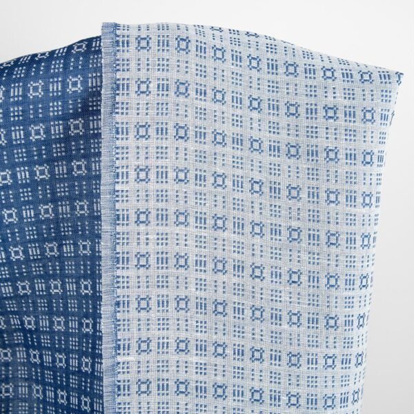 Linen cotton fabric white and dark blue geometric pattern, 150cm