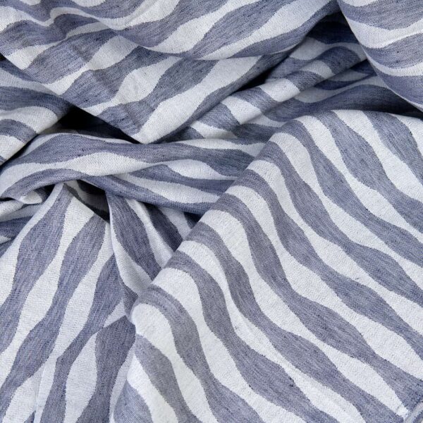 Linen cotton fabric blue wavy stripe jacquard, 168cm width
